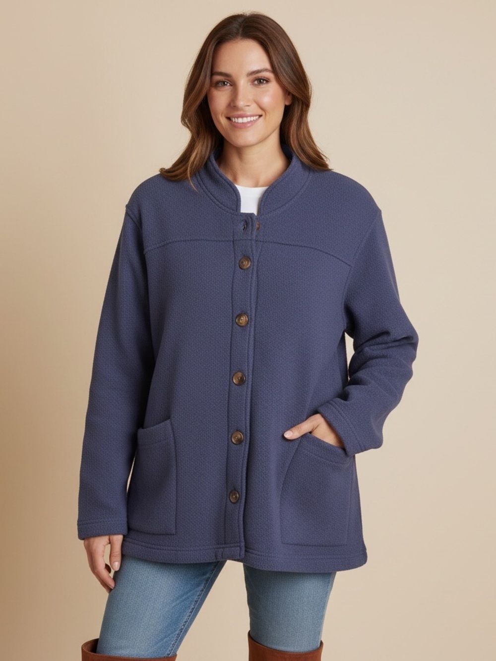 Orvis XL Periwinkle Blue Knit Mock Neck Button Cardigan Shacket - Pristine